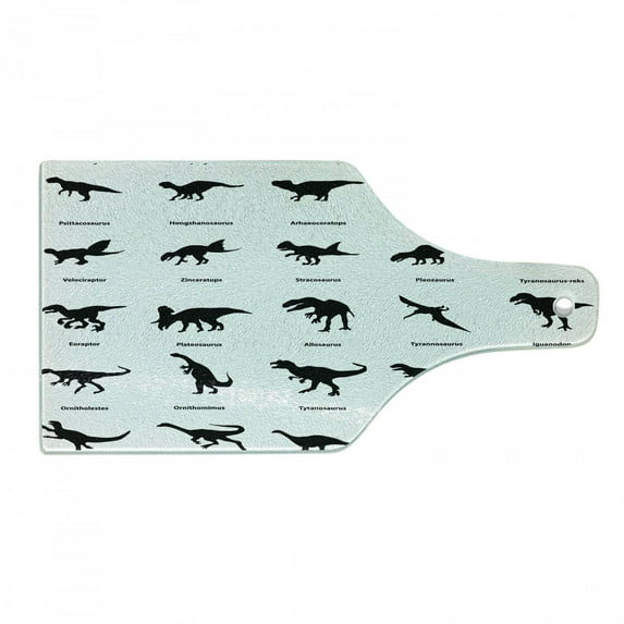 Dinosaur Cutting Board, Composition Different Dinosaurs Silhouettes Their Names Evolution Wildlife, Decorative Tempered Glass Cutting and Serving Board, Wine Bottle Shape, Black White, by Ambesonne