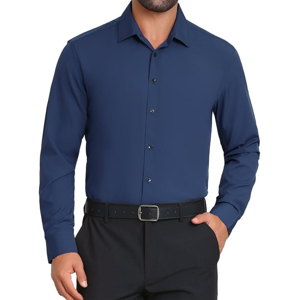 CAMISA DE NEGOCIO DE MANGA LARGA DE BOTONES PARA HOMBRE EN COLOR SÓLIDO L AZUL MARINO