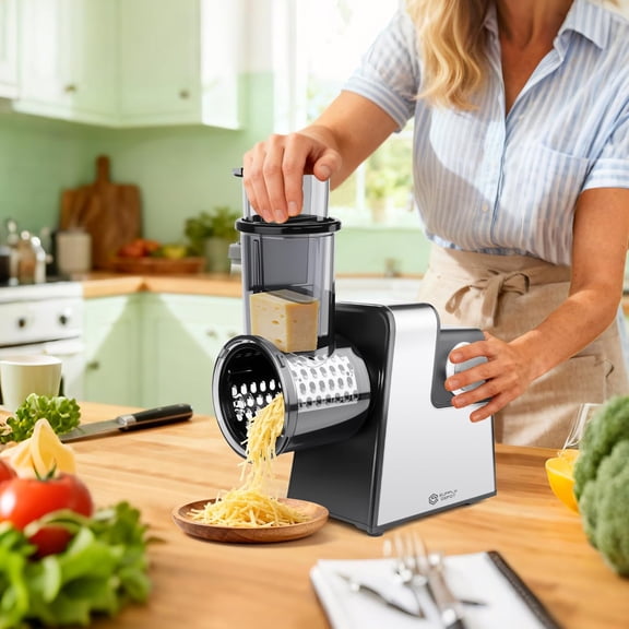Electric Cheese Grater 7 in 1 Stainless Steel Salad Shooter Automatic Food Slicer Shredder Chopper for Block Cheese Vegetables Cucumber Carrots 300W Kitchen Appliance