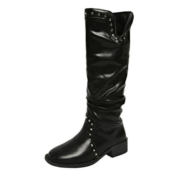 Xfvqtps Womens Fashion Winter Boots Mid Calf Chunky Heel Boots for Women Comfortable Low Heel Western Style Metal Embellished Cowboy Boots Black
