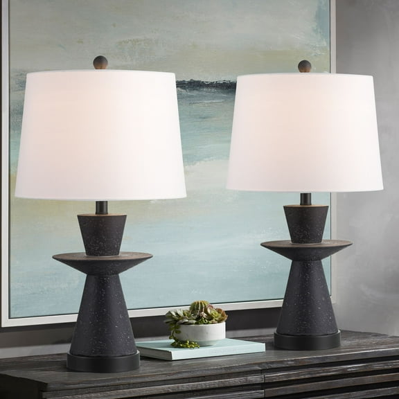 360 Lighting Fiona 24 1/2" High Mid Century Modern 3-Way Table Lamps Set of 2 USB Port Black Metal White Shade Living Room Charging