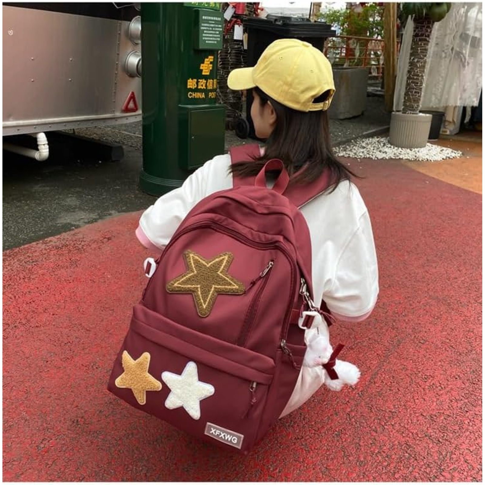 SQDWYGUO Y2k Backpack with Kawaii Pendant Aesthetic Star Backpack Cute Preppy Laptop Book Bag Back to College Supplie,Red