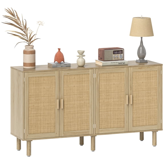 Sideboard Bohemian Buffet Cabinet with 4 Rattan Doors and Shelves, 62.2" Natural Wood Particleboard Storage for Living Room or Hallway