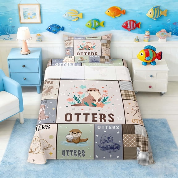 Manfei Cartoon Otter Twin Sheet Sets for Kids Boys and Girls, Cute Animal Print Bedding 3-Piece, 1 Flat Sheet, 1 Fitted Sheet and 1 Pillowcase