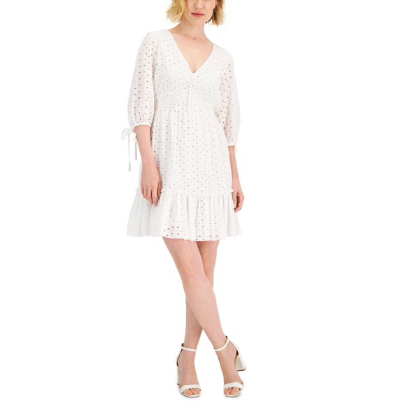 Taylor Cotton Smocked A Line Dress White 16