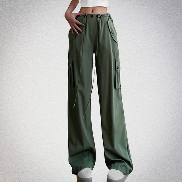 KIHOUT Cargo Pants for Women Clearance in Summer Wide Leg Solid Color Drawstring Loose Full Length Trousers with Multi Pocktes