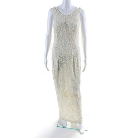 

Pre-owned|Carmen Marc Valvo Womens Scoop Neck Lace Beaded Long Gown Beige Size 12