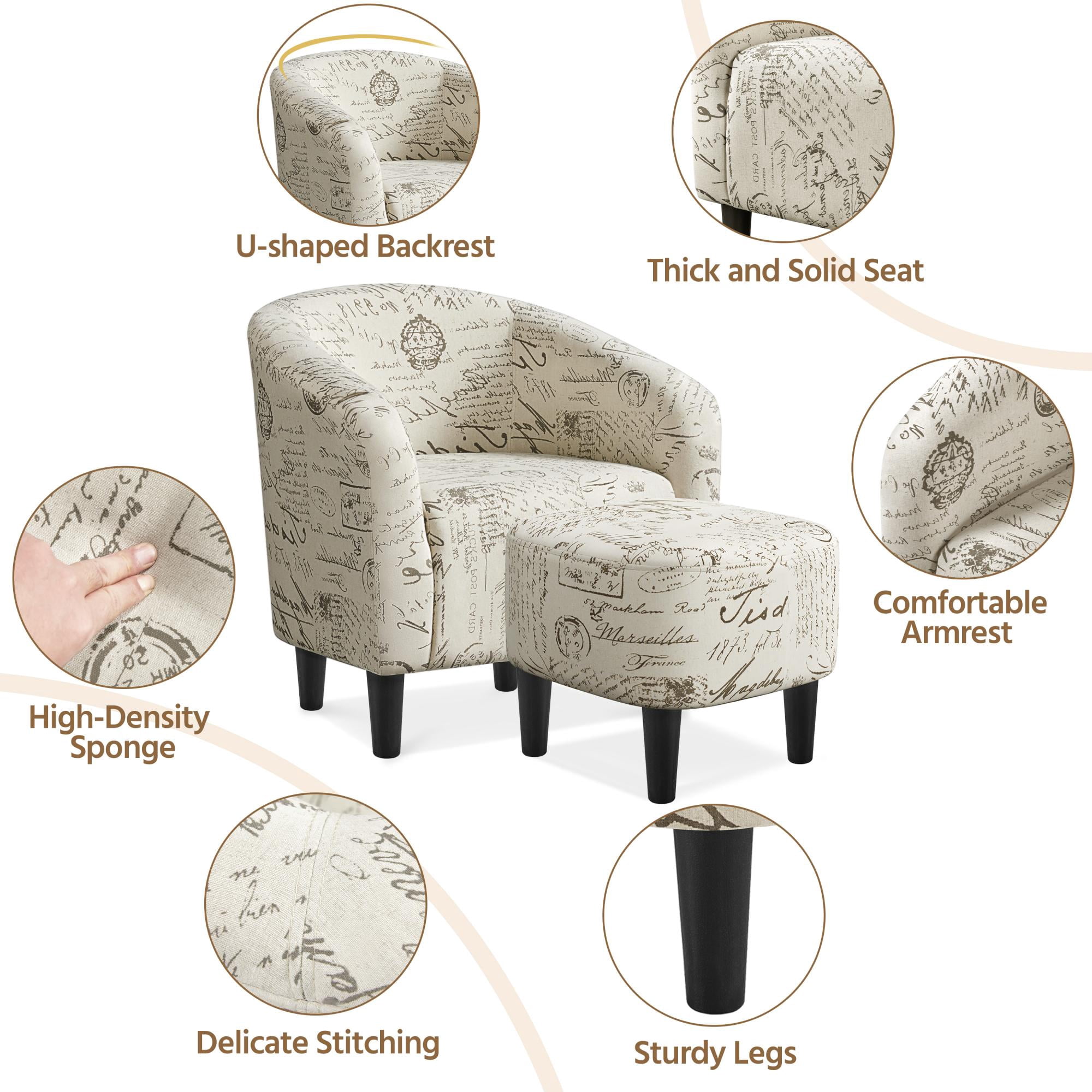 Alden Design Contemporary Upholstered Club Accent Chair with Ottoman for Bedroom Living Room, Letter Print