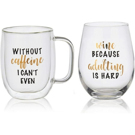 

Caffeine Double Wall Glass Mug and Stemless Wine Glass Set of 2 Clear
