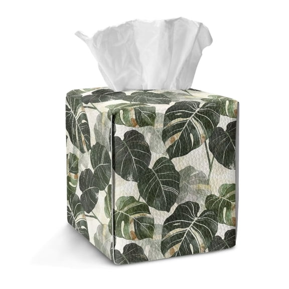 COEQINE PU Leather Square Tissue Box Cover, Snap Closure for Easy Refill & Storage, Universal Decorative Tissue Holder for Home Bedroom Car Office Desk, Vintage Monstera Leaf