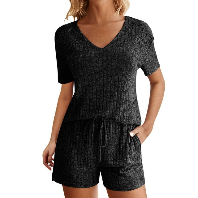 Penkiiy Womens Ribbed Knit Lounge Set Short Sleeve Top and Shorts Sleepwear Pajama Set Two Piece Shorts Outfits Set M Black