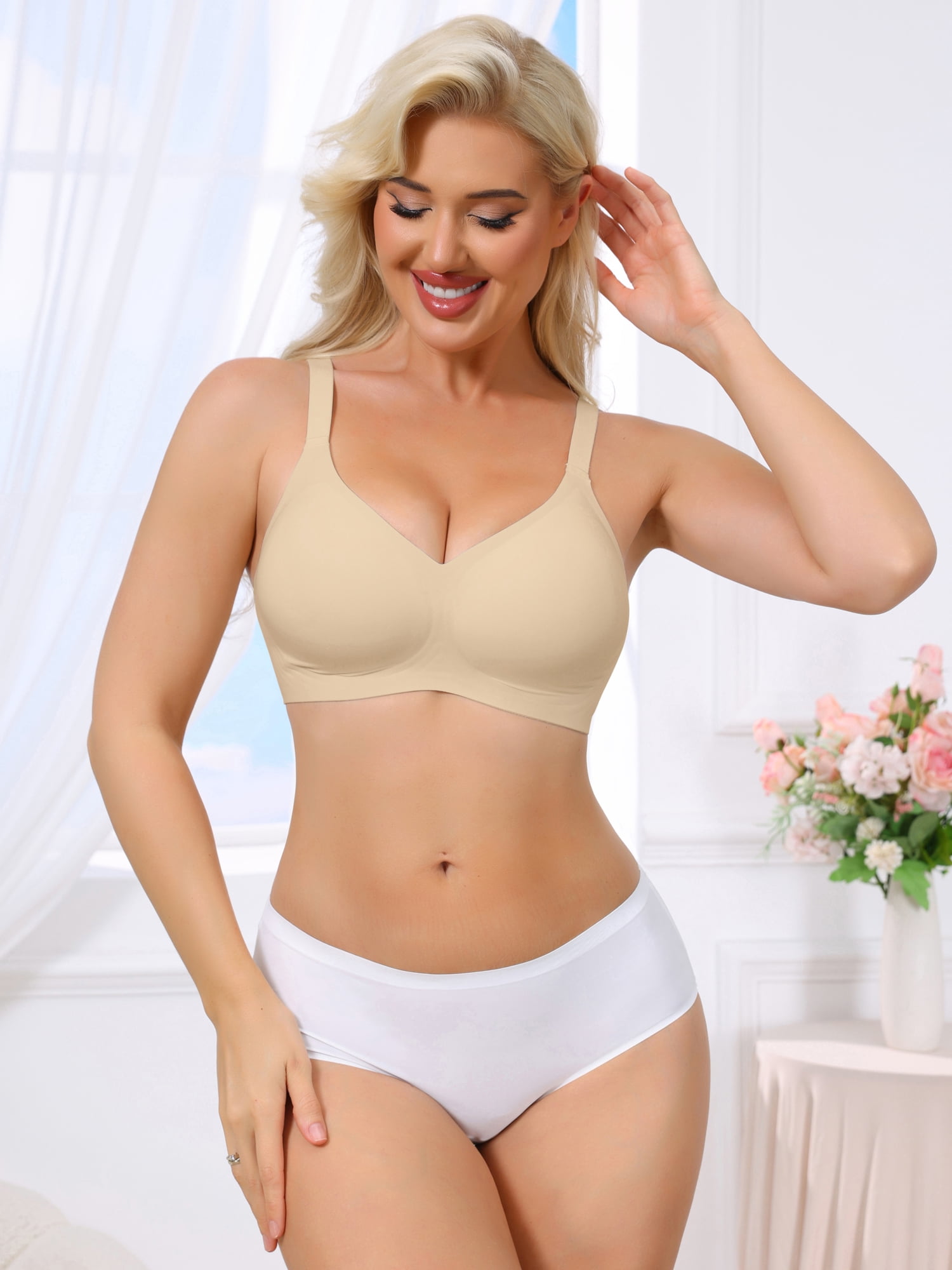DARING DIVA Women's Push Up Wirefree Seamless Adjustable Straps Bras M Beige