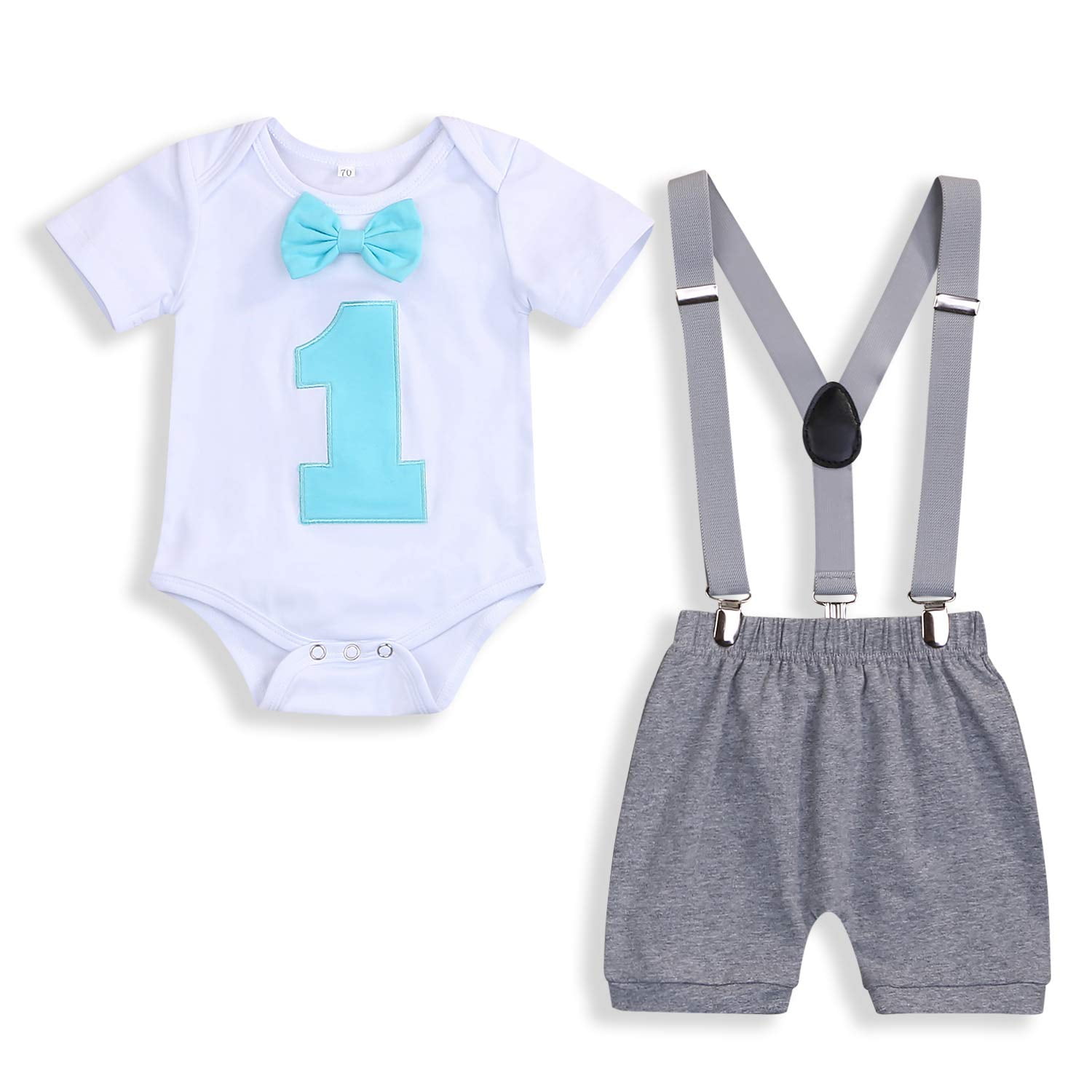 Baby Boys First 1st Birthday Outfit set Bodysuit bow tie Shorts Blue Cake Smash