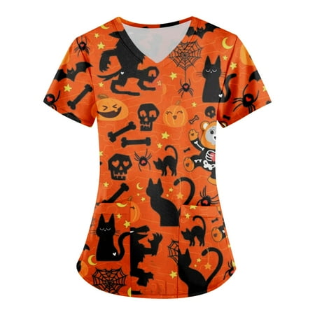 

Cakiesky Workwear Scrubs Comfort V-Neck Printed Nursing Workers Shirt with Pockets Orange XXL