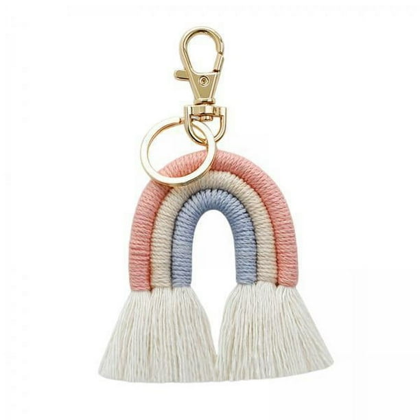 2 llaveros de arcoíris con borlas y macramé, llavero para bolso, dije rosa 4 piezas