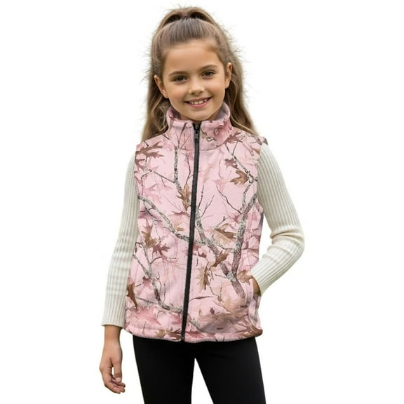 Uorisanigo Unisex Boys Girls Fleece Jacket Vest Puffy Warm Kids Pink Camo Hunting Forest Vest Full Zipper Sleeveless Jacket for Fall Winter Spring, Soft Cozy Outwear Waistcoat 2-12 Years