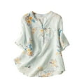 thumbnail image 2 of Blouses pour Femmes, T-Shirt Mode Décontracté Ample à Imprimé pour Femmes à Manches Courtes, Hauts à Col en V, Blouse en Coton et Lin, 2 of 6
