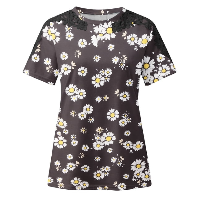 TopLLC Hauts Grande Taille pour Femmes Manches Courtes Col Rond T-Shirt Coupe Ample Dentelle Tunique à Volants Ajourée