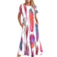 thumbnail image 2 of Qiopertar Robe d'Été Décontractée à Manches Courtes Col Rond Robe Maxi Fluide à Volants avec Poches Imprimé Plumes Grandes Économies de Vacances! à Moins de 5$ jusqu'à 90 % de Réduction, 2 of 6