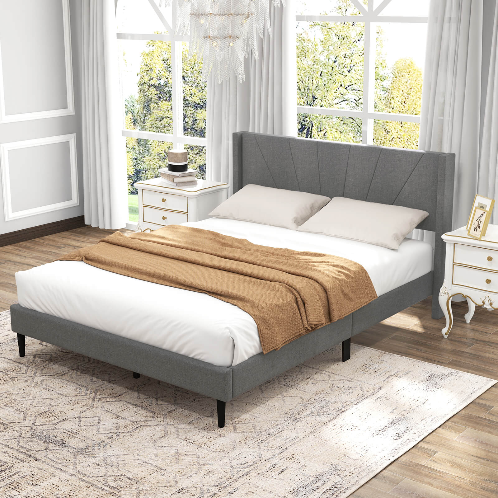 Infans Queen Bed Frame Modern Platform Bed with Linen Upholstered Wingback Headboard