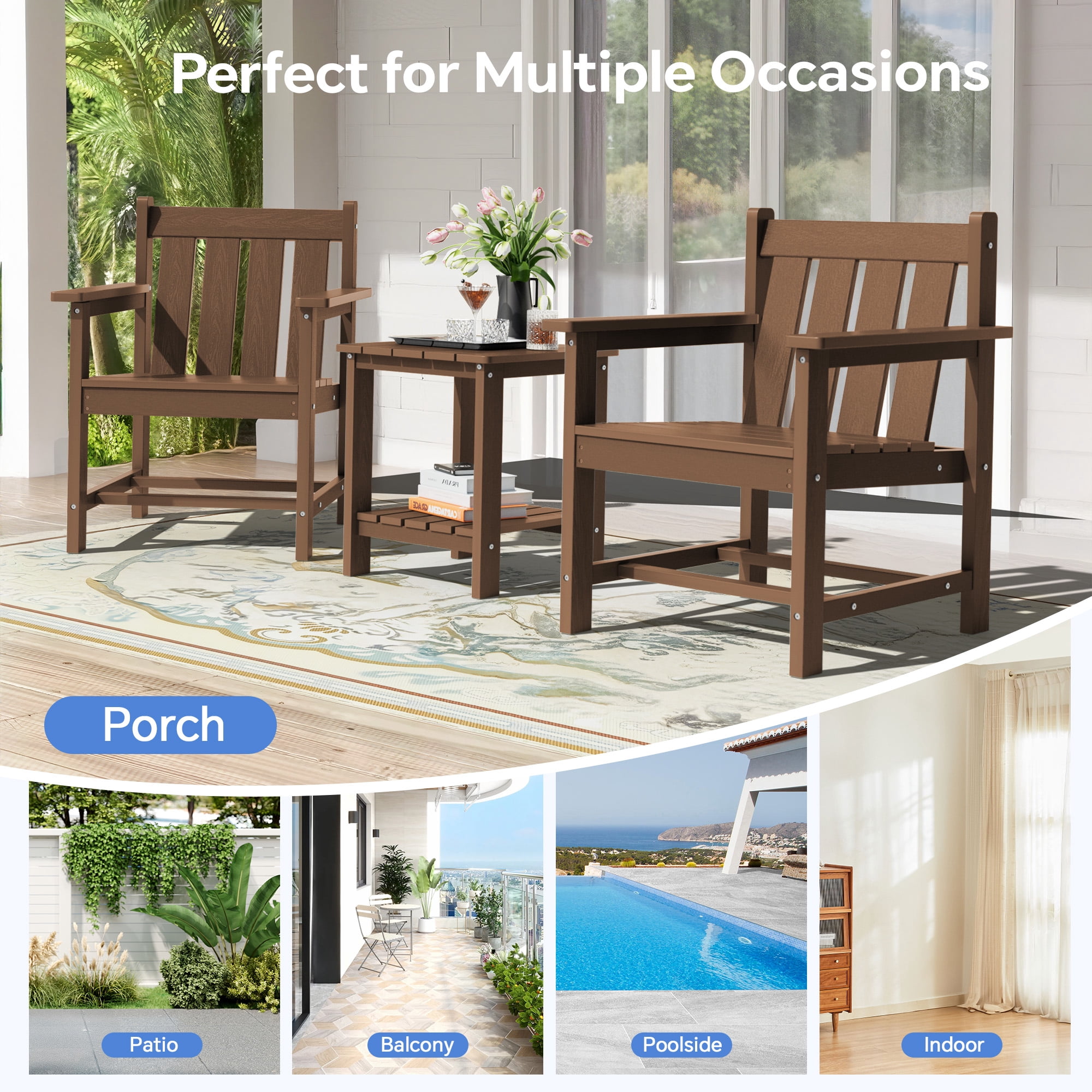 SERWALL 3 Piece Patio Furniture Set,HDPE Outdoor Bistro Set with Coffee Table and Chair for the Patio,Brown