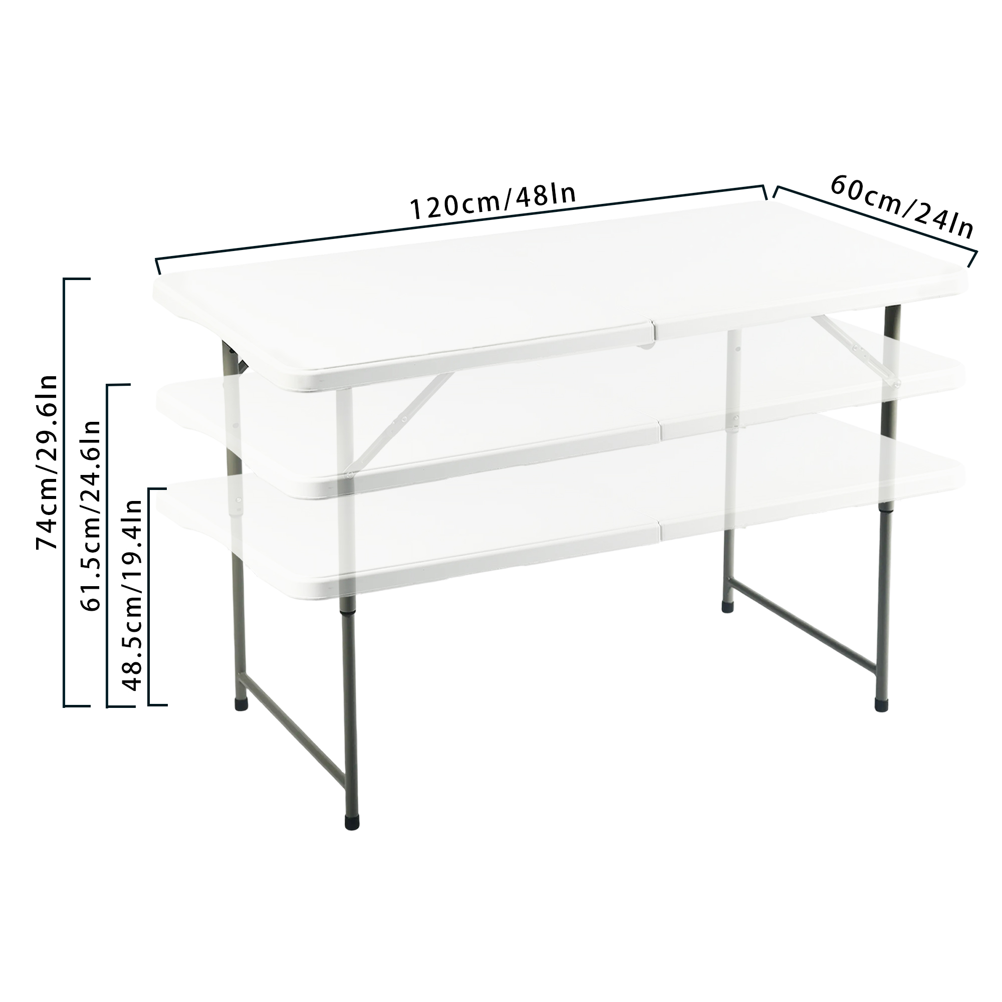 4 Foot Rectangular Folding Table, 4 Height Adjustable Portable Table with Handle, Sturdy Foldable Table for Indoor Outdoor Events Parties BBQ