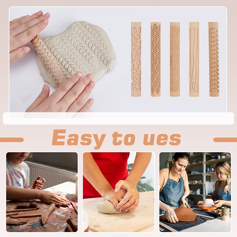 5 Pcs 5 Styles Wooden Handle Pottery Tools Sea Wave Ripple Pattern Emboss Plaid Rollers Clay Modeling Pattern Rollers Kit