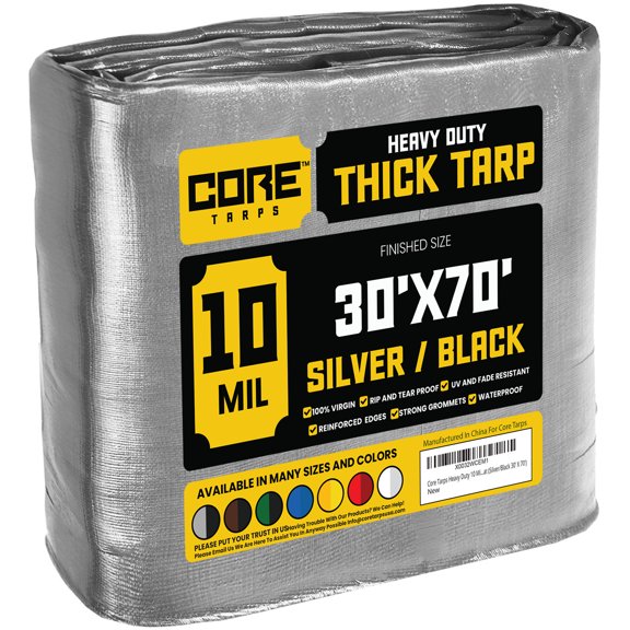 Core Tarps 10 Mil Heavy Duty Tarp Camping Tarpaulin Waterproof Cover, Silver and Black 30 x 70Ft