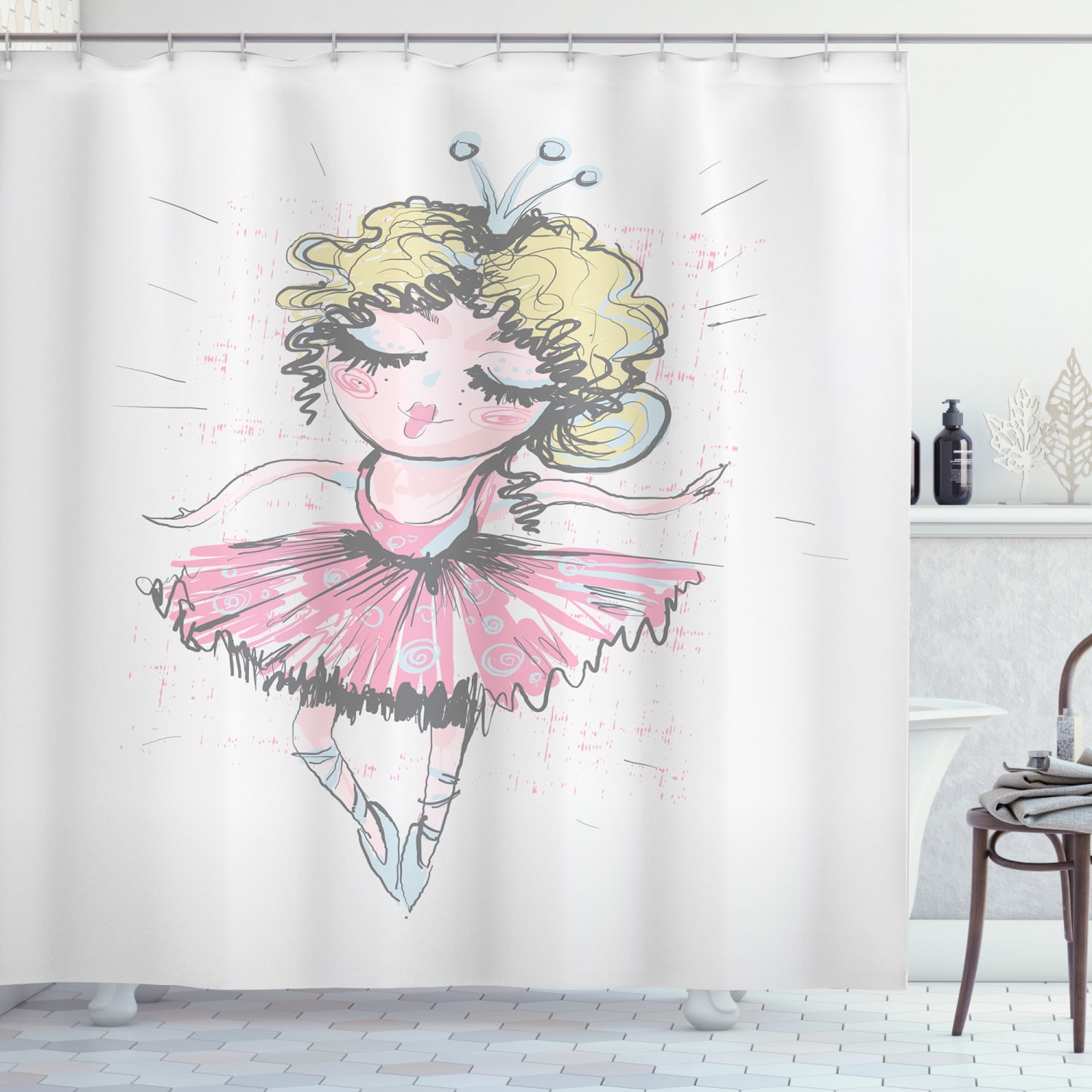 Ballerina Shower Curtain, Curly Blonde Haired Cute Dancer Girl Pencil Drawing in Muted Tones