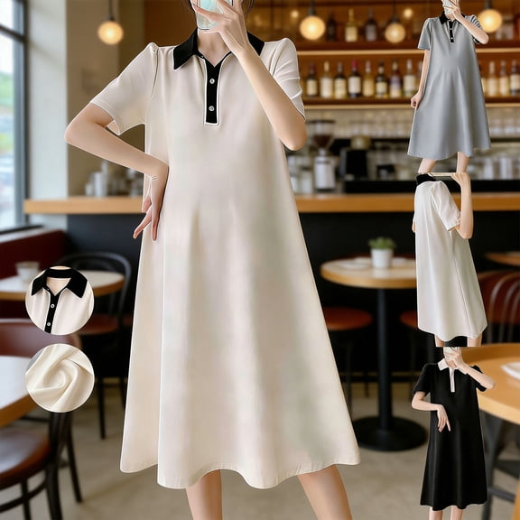 Frostluinai Women Maternity T Shirt Summer Dress Casual Business A Line Midi Dress Loose Lapel Collar Short Sleeve Color Block Dresses Black M-1