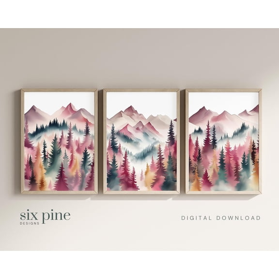 UNFFRAMED Set Of 3 Mountain Nursery Posters| Girl Nursery Wall Art, Nursery Forest Wall Art, Forest Nursery Decor , Set 3 Prints 8x12
