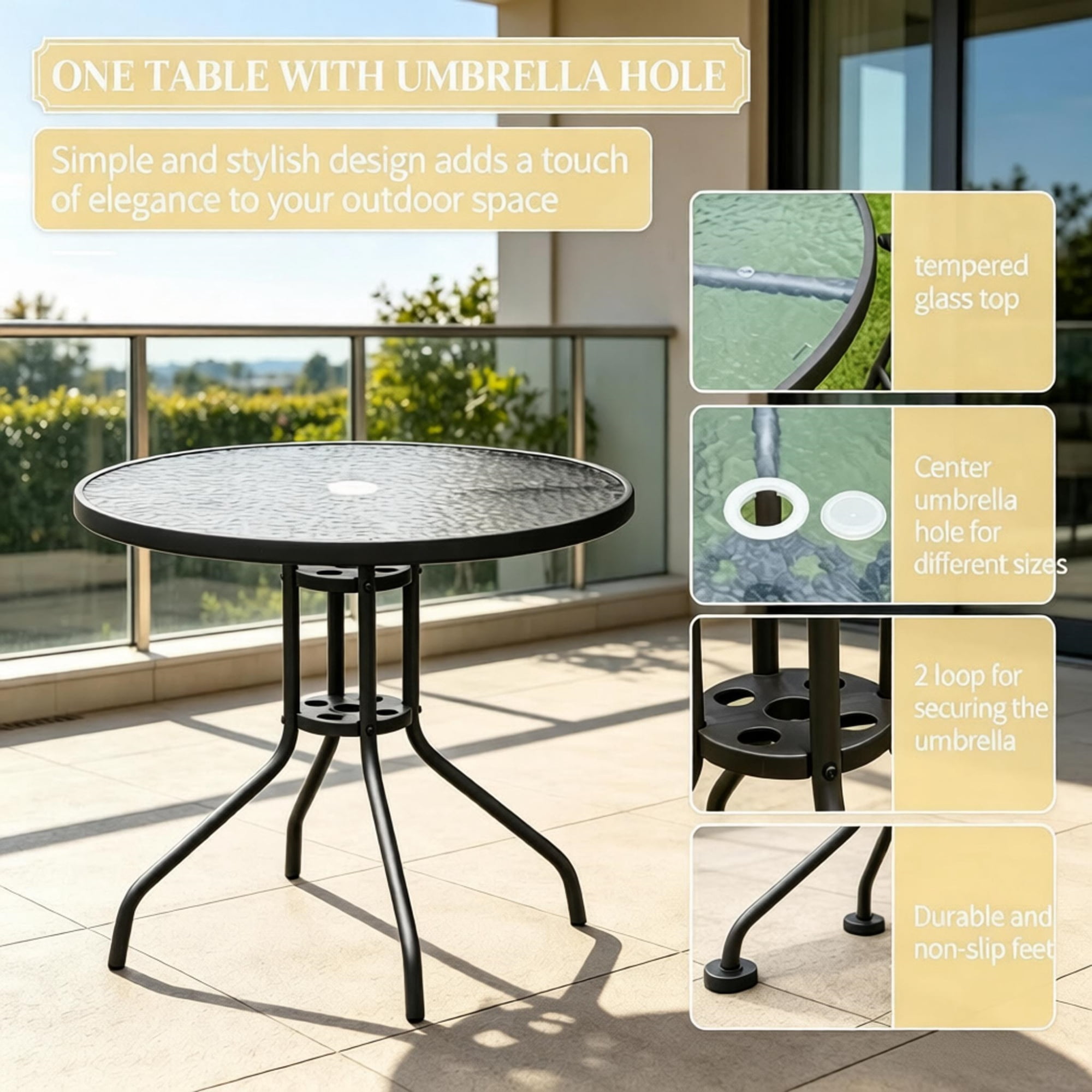 6-Piece Patio Dining Set for 4, Complete with Umbrella, Round Glass Table & 4 Folding Chairs, Black & Coffee