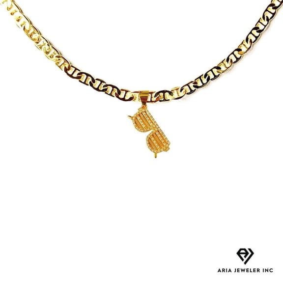 14K Bonded Gold Necklace, 20 Inches Mariner Chain with Sun Glasses Pendent