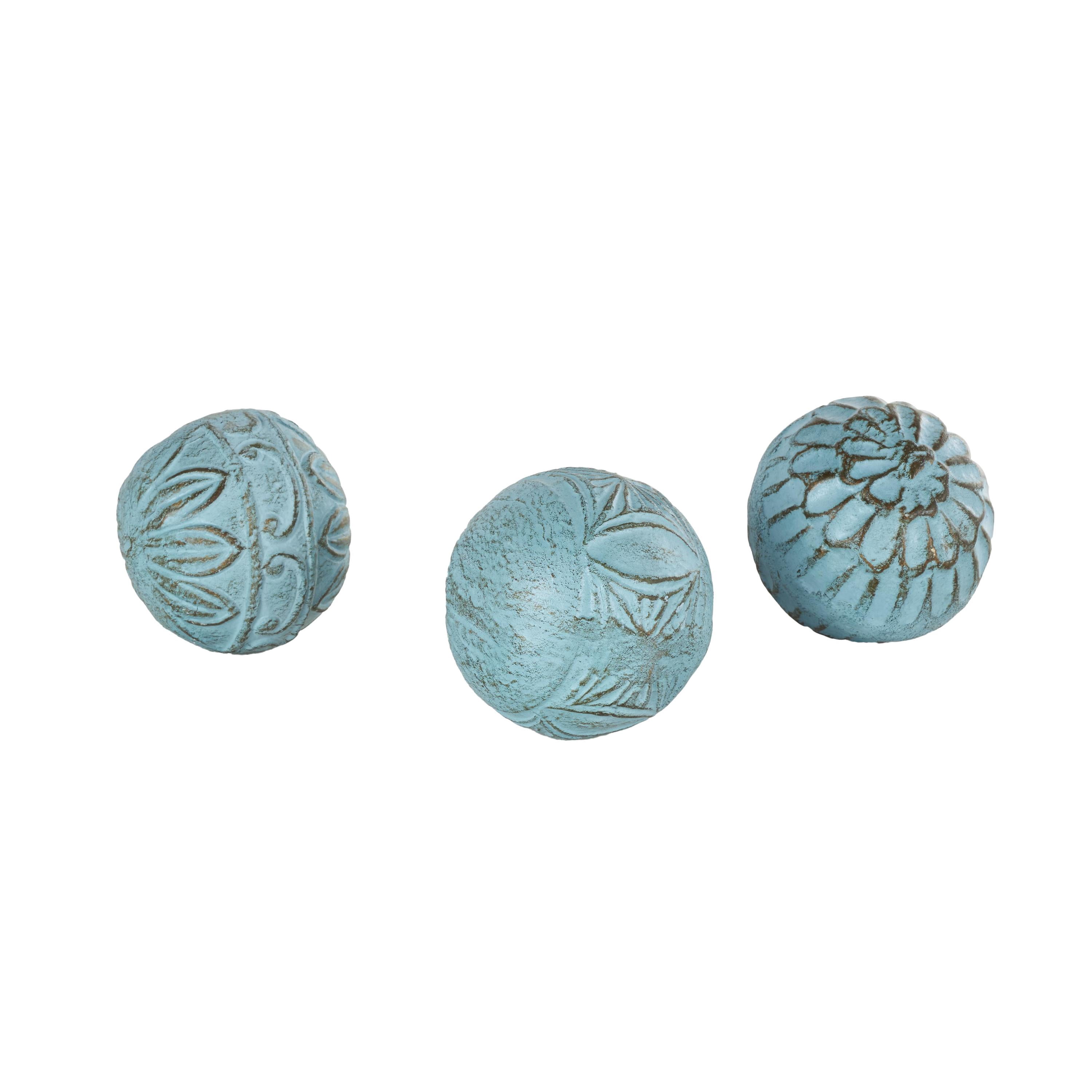 DecMode Blue 4" Handmade Intricately Carved Paper Mache Orbs & Vase Filler with Various Floral Patterns (3 Count)