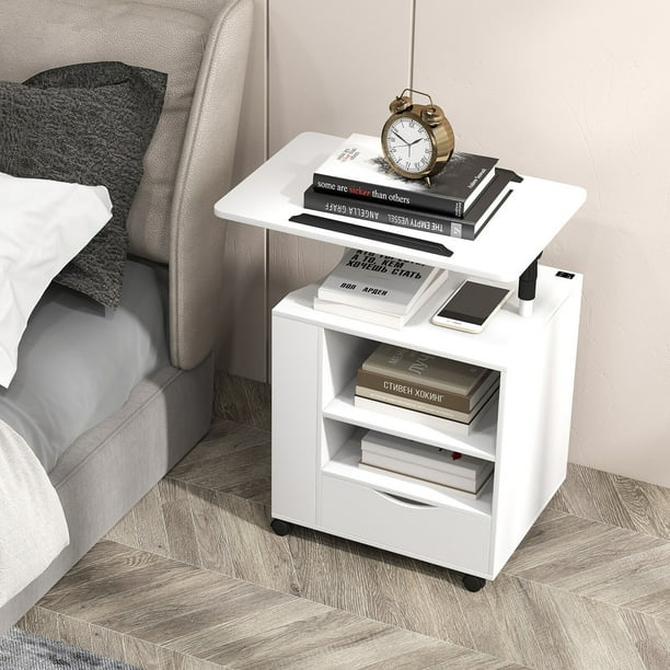 Gymax Nightstand Bedside Table Swivel Laptop Tray with Charging