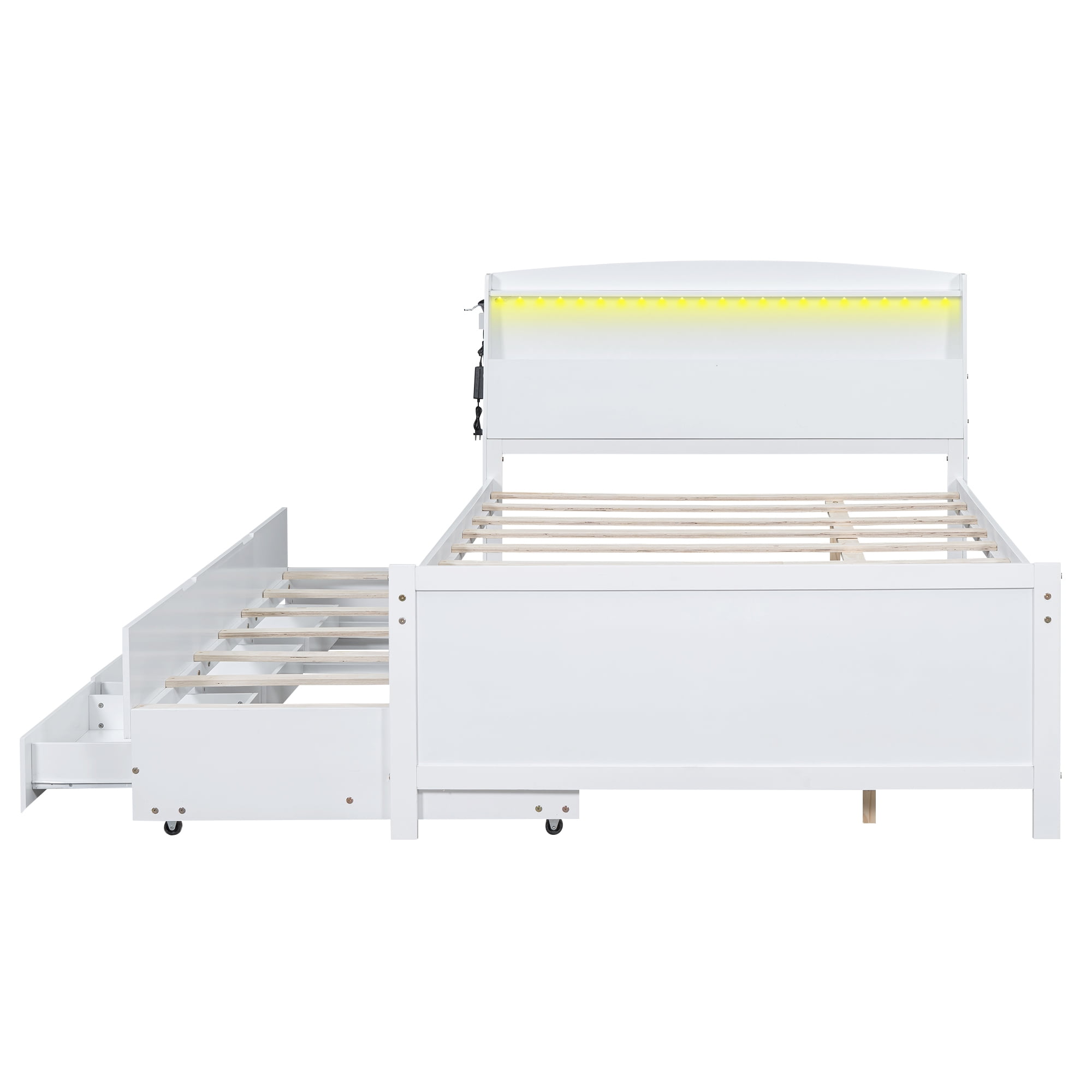 Euroco Wood Full Size Platform Bed with Storage Headboard, Drawers Trundle and LED Light for Kids Teens, White