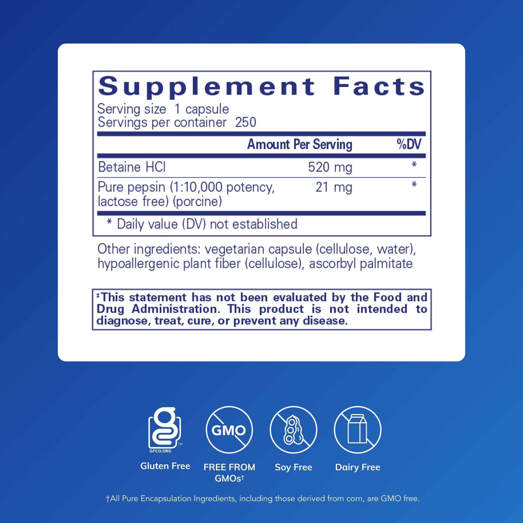 Pure Encapsulations Betaine HCl Pepsin - Digestive Enzymes Supplement for Digestion Aid & Support, Stomach Acid & Nutrient Absorption* - With Betaine HCl Pepsin - 250 Capsules