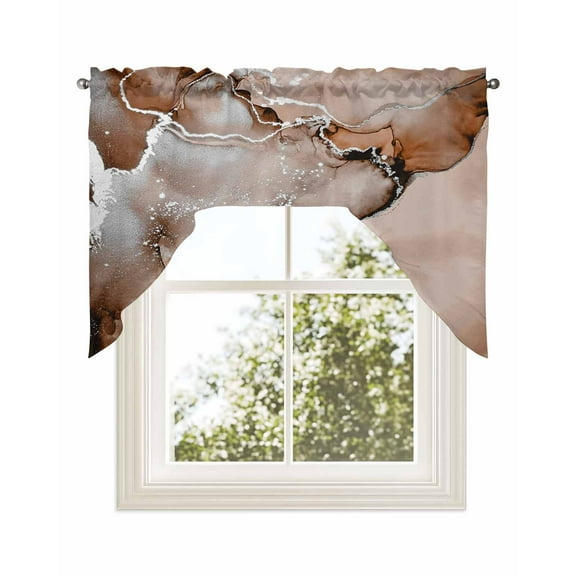 Marble Brown Kitchen Curtains Swag Valance for Windows/Bathroom/Cafe, Modern Abstract Ink Painting Luxury Rod Pocket Drape Panel Swag Curtains Valance for Bedroom/Living Room 56"x36"