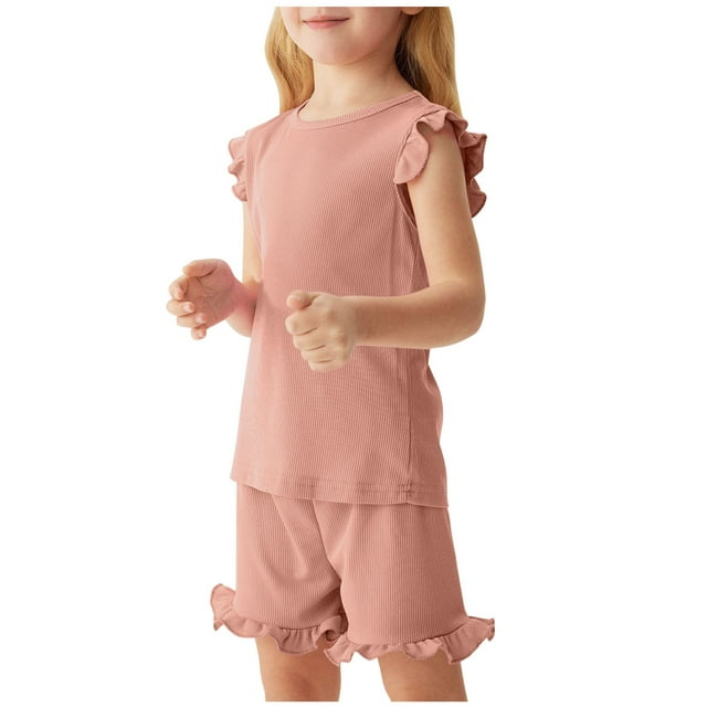 Yanlir Ensembles de Vêtements d'Été pour Filles Confortables à Manches Courtes Col Rond Débardeurs à Volants et Shorts Tenues Mignonnes 2 Pcs 2-8 Ans (Rouge Melon D\'eau, 3-4 Ans)