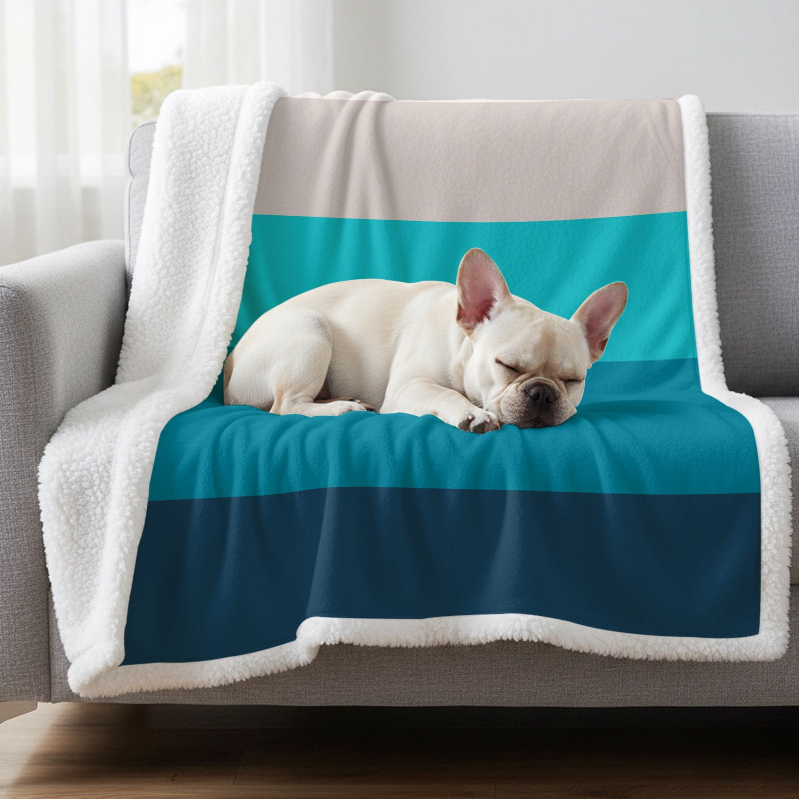 Sherpa Throw Blankets Ombre Teal Blue Stripes Flannel Fleece Blanket Gradient Color Soft Cozy Warm Fluffy Plush Blankets and Throws for Couch Bed Sofa All Season 50x60 Inch