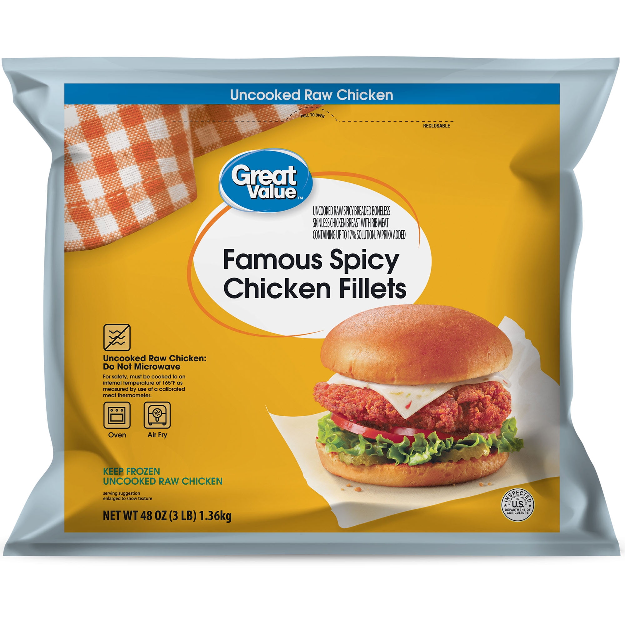 Great Value Spicy Famous Fillet, Ready to Cook Breaded Chicken Breasts, 14g Protein, 3 lb (Frozen)