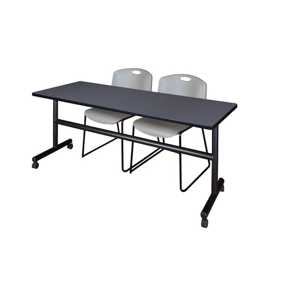 72" x 30" Flip Top Mobile Training Table- Grey and 2 Zeng Stack Chairs- Grey