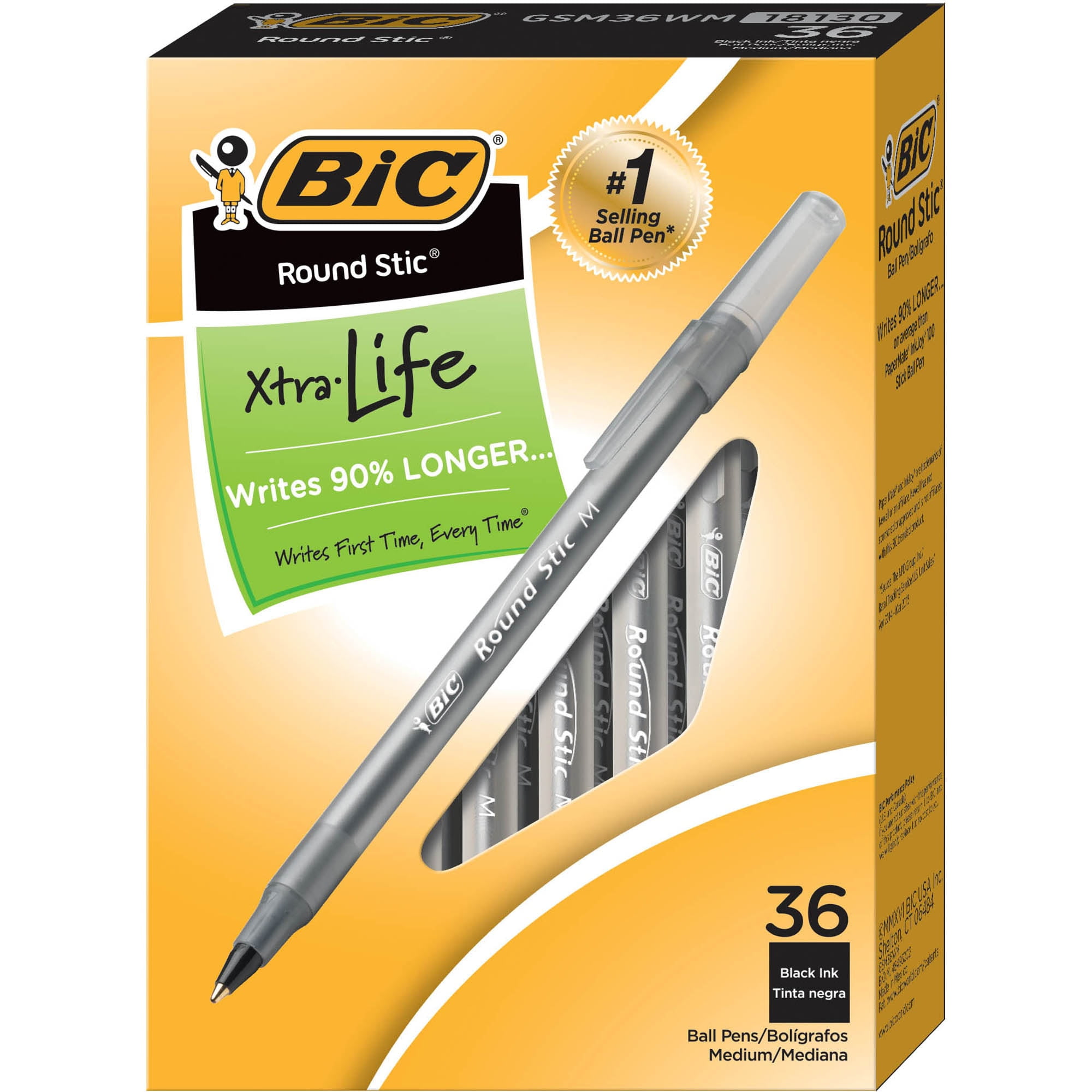 BIC® Round Stic® Xtra Life Ballpoint Pens, Medium Point, 1.0 mm, Translucent Barrel, Black Ink, Pack Of 36 Pens