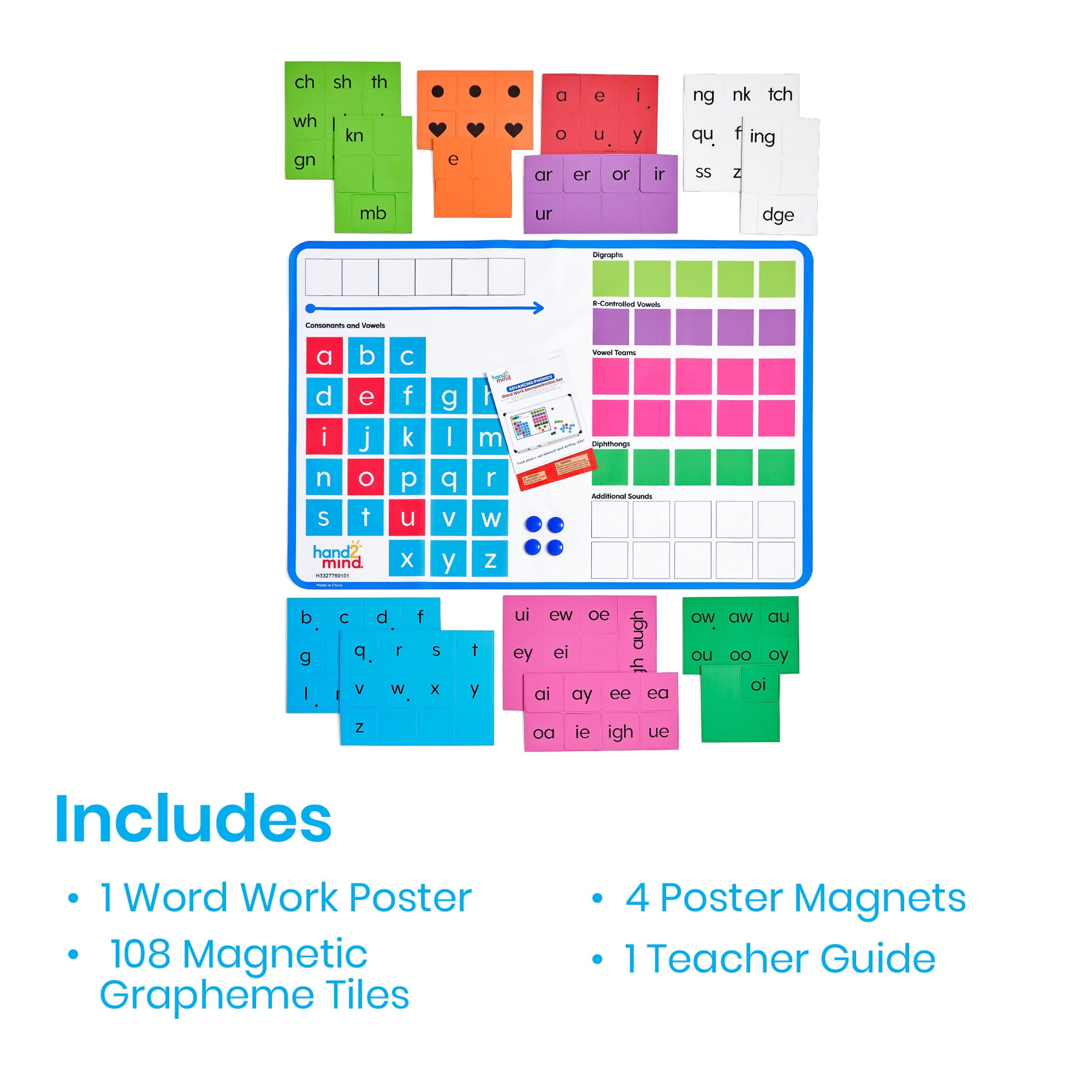 hand2mind Advancing Phonics Word Work Demonstration Set, Poster with 108 Phonics Tiles