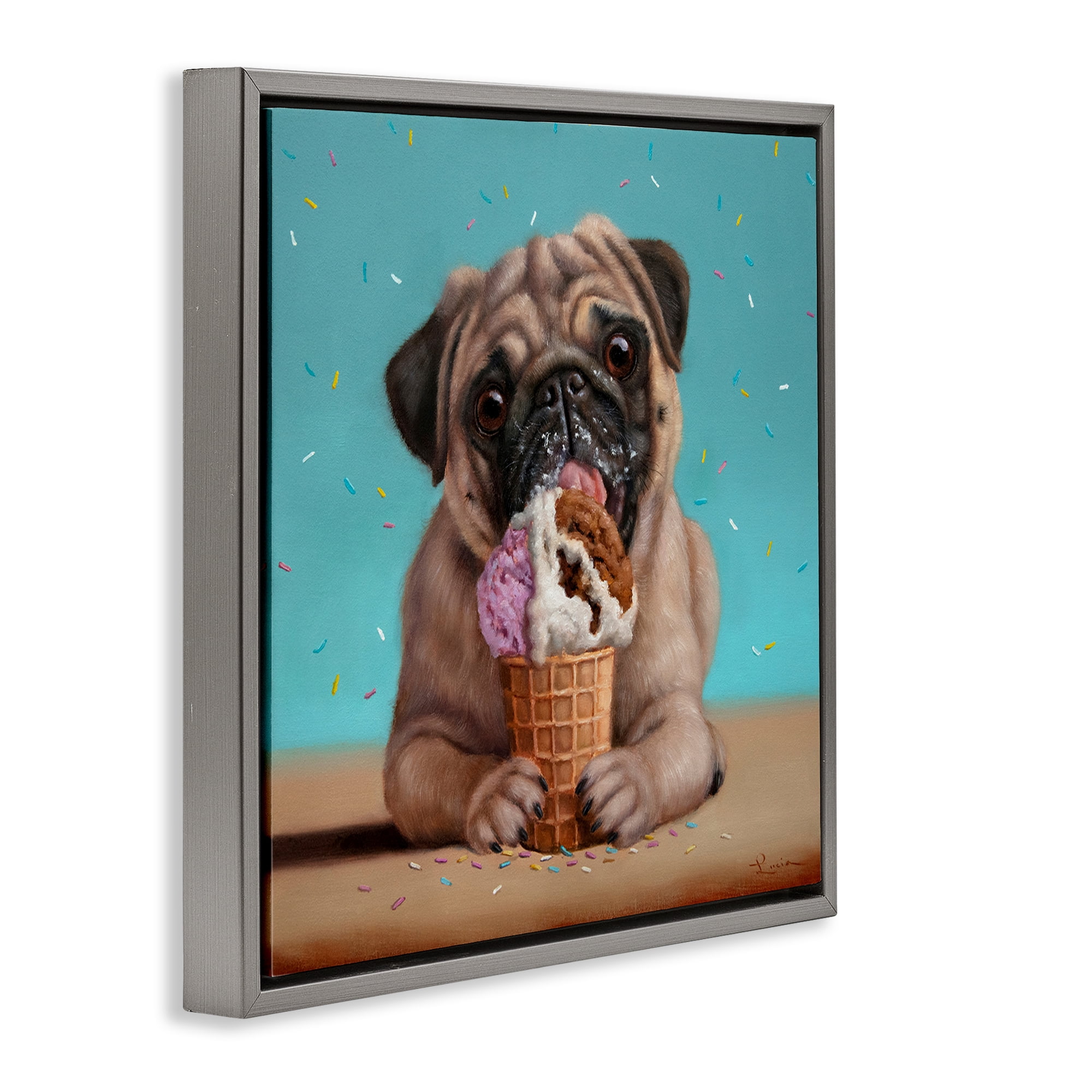 Neapawlitan Ice Cream & Dog Gray Framed Floater Canvas Wall Art, design by Lucia Heffernan