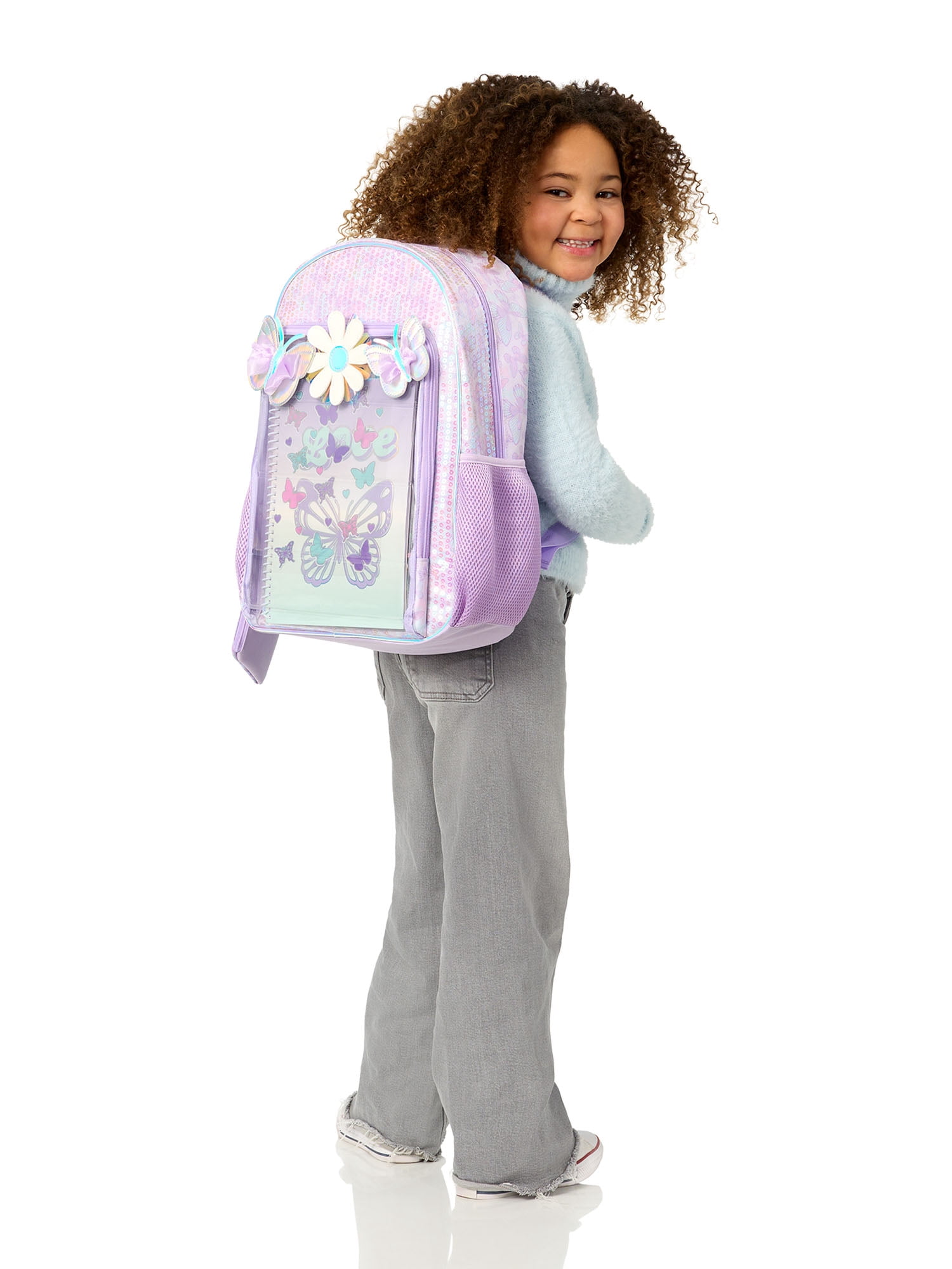 Schoolyard Vibes Girls' 17" Butterfly & Daisies Backpack & Stationary Set, Lavender