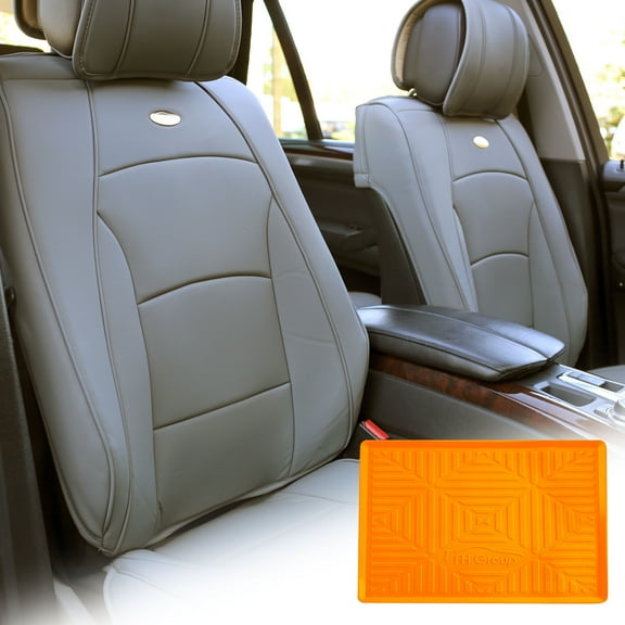 FH Group Solid Gray Leatherette Front Bucket Seat Cushion Covers for Auto Car SUV Truck Van with Orange Dash Mat Combo