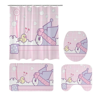 Kuromi cute 4-Piece Shower Curtain Set with 12 Hooks with Non-Slip Rug Toilet Seat And Bath Mat for Bathroom Decor Set One Size