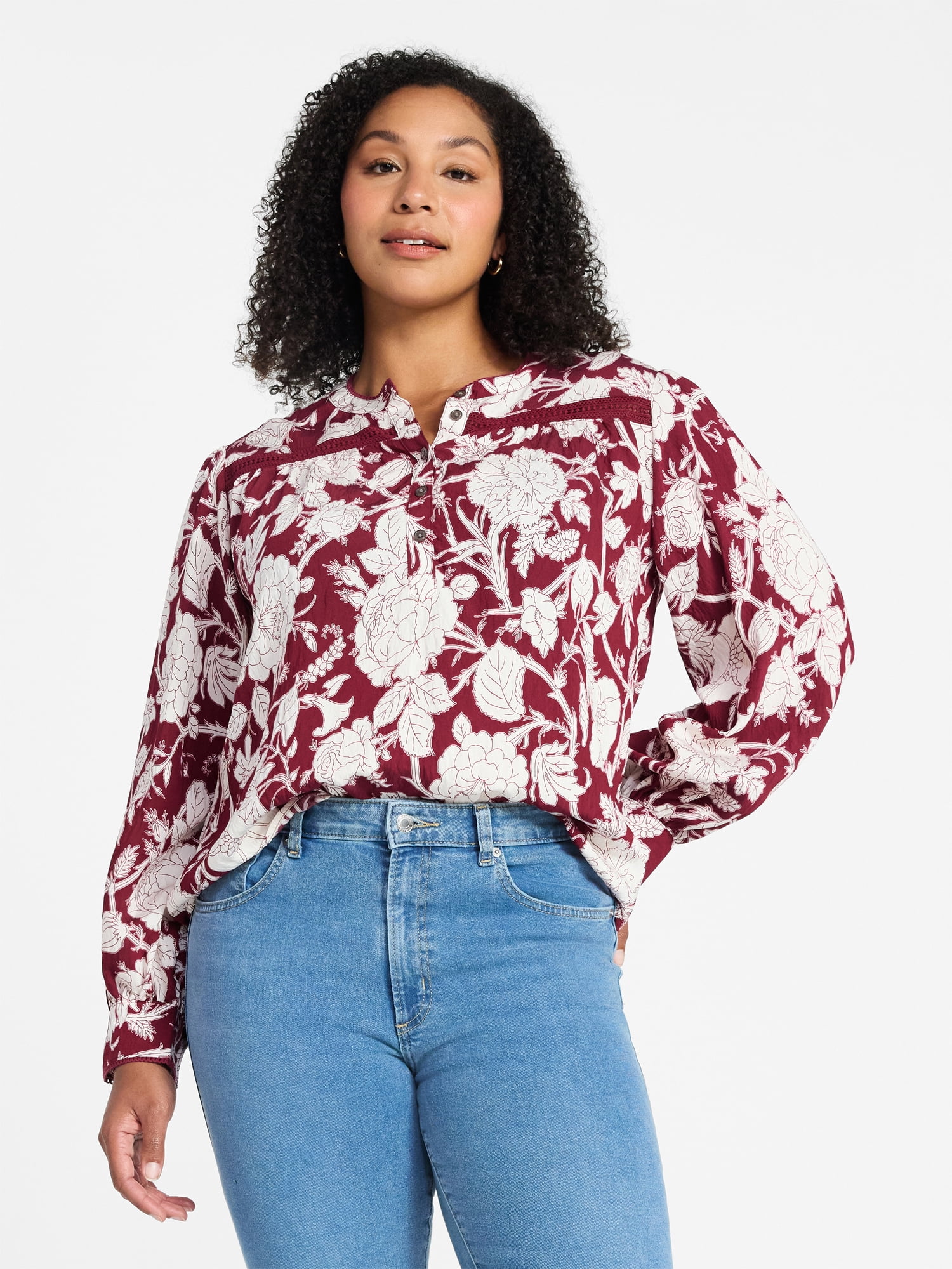 Time and Tru Women's Lace Yoke Shirt with Long Sleeves Sizes XS-XXXL