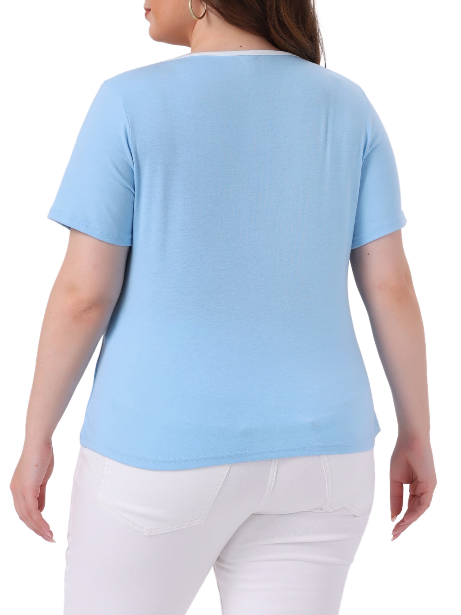 Women's Plus Blouse Sweetheart Neck Contrast Trim Tie Knot Short Sleeve Tee 3X Sky Blue